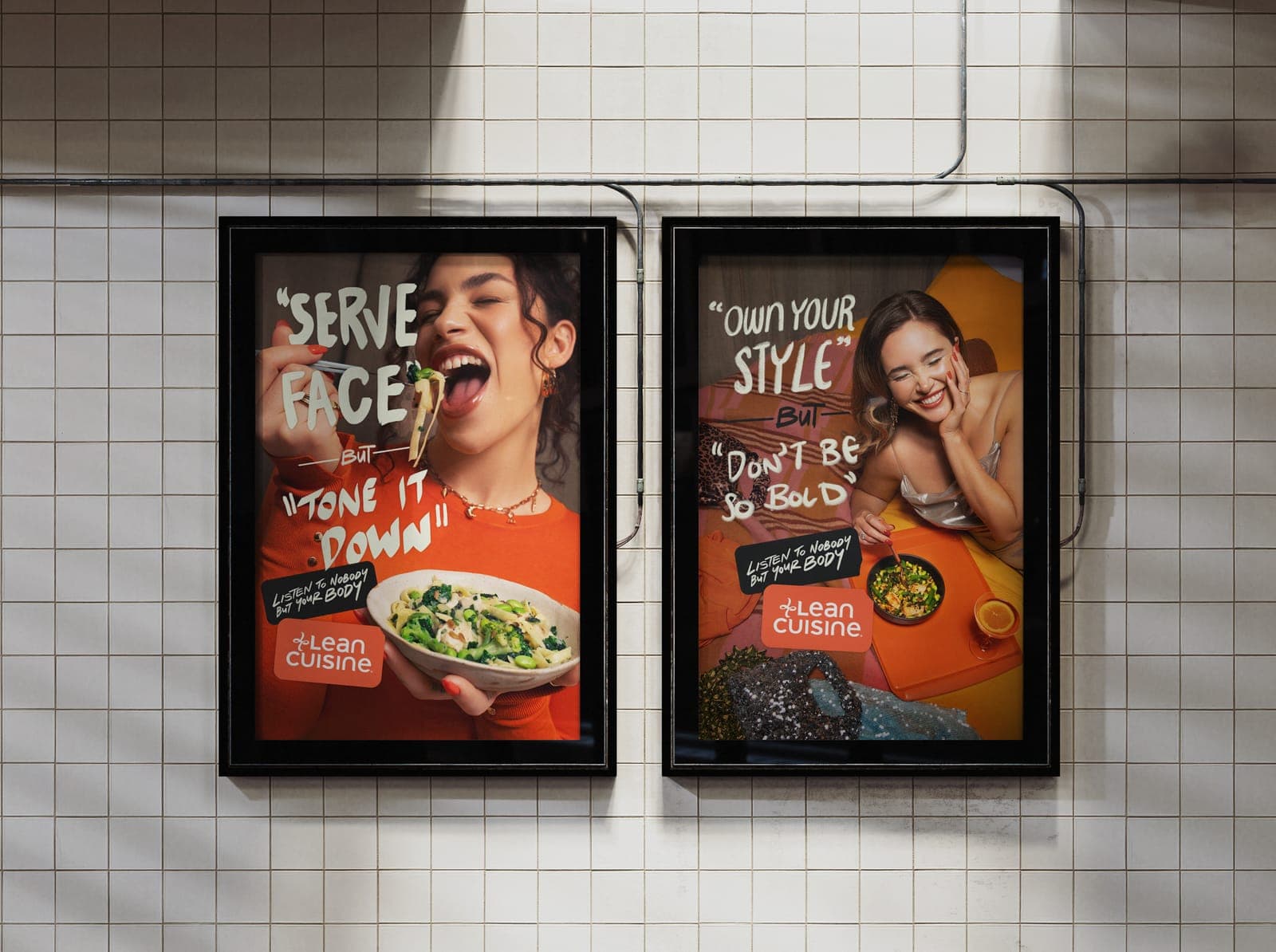 Two Lean Cuisine posters on a tiled wall: Serve face but tone it down, and Own your style but don't be so bold