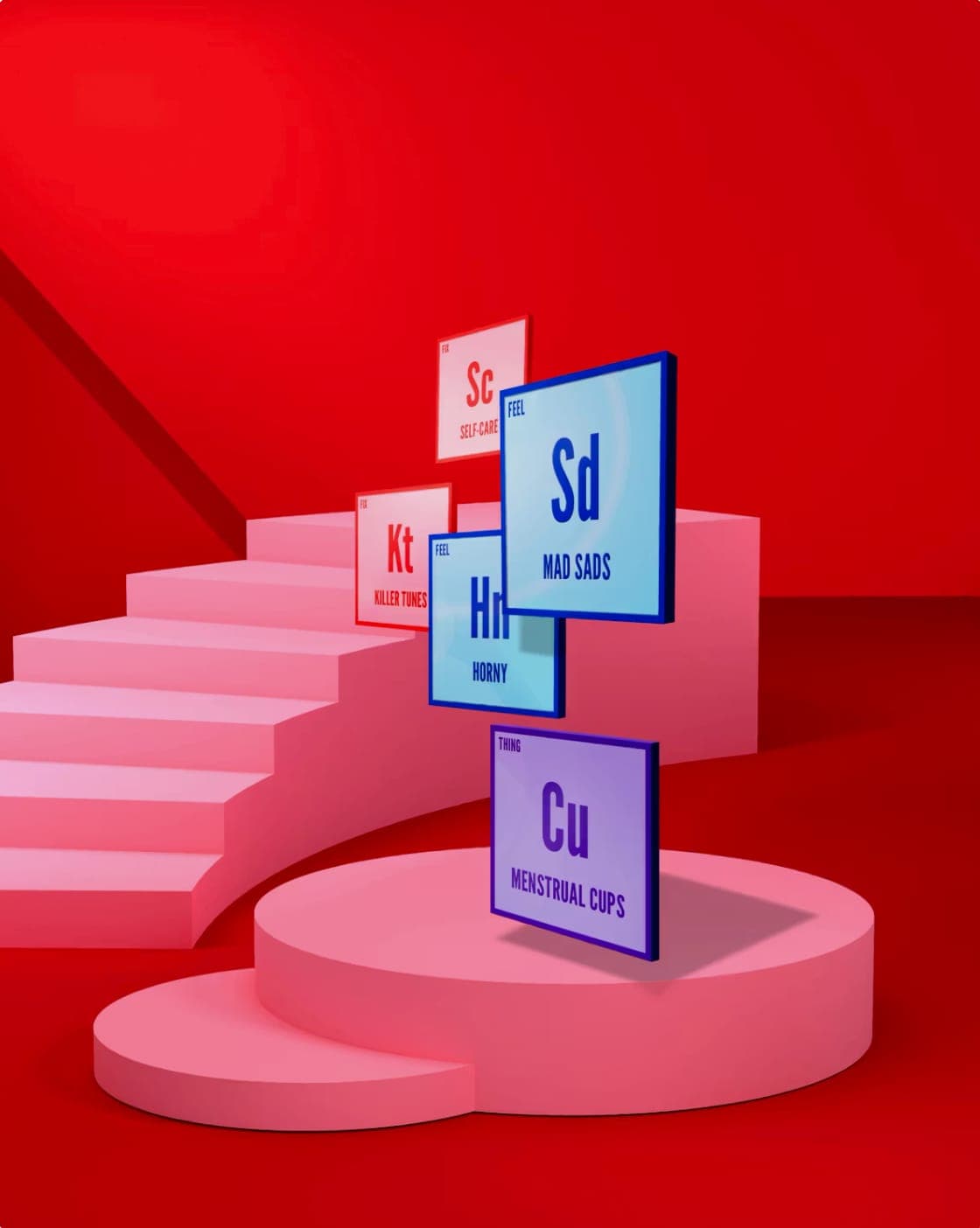 Periodic Table tiles for Self-Care, Killer Tunes, Horny, Mad Sads and Menstrual Cups float above a pink staircase in a red room