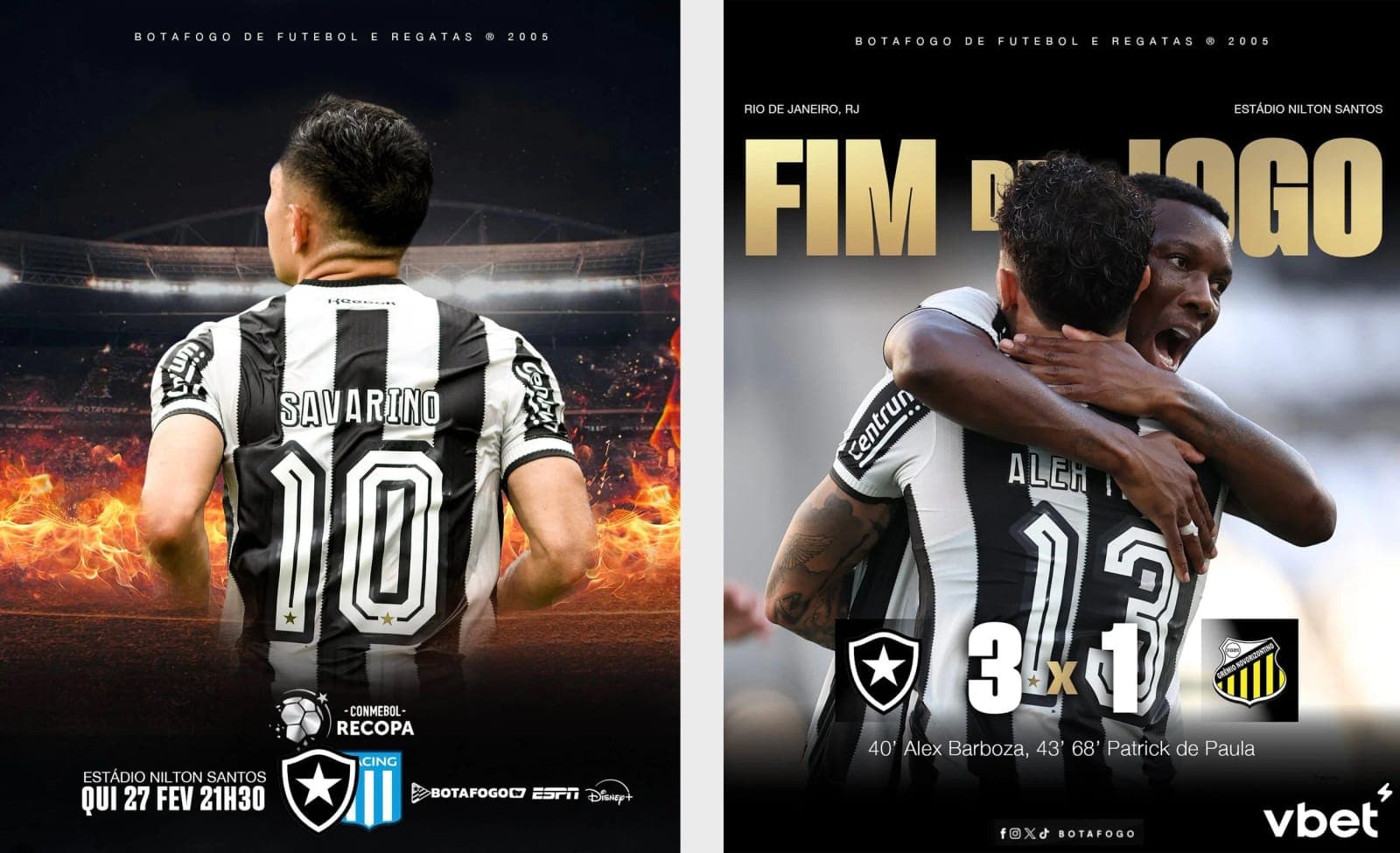 Two Botafogo social posts: a match poster of Savarino’s number 10 shirt, and a Fim de Jogo 3–1 result post