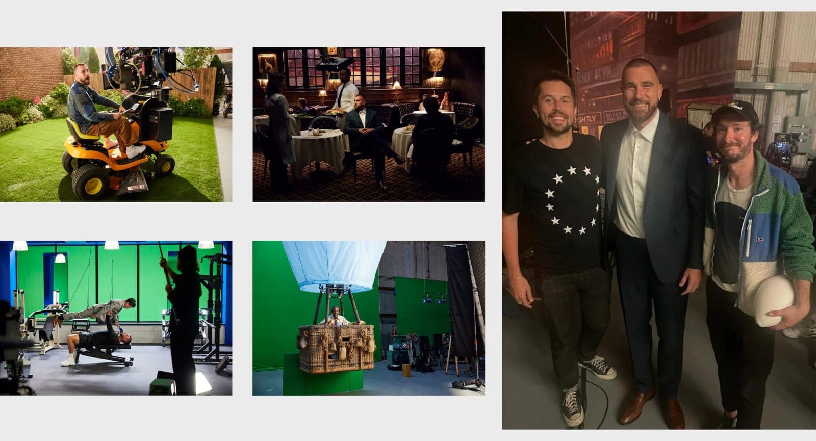 Behind the scenes: Travis Kelce on set on a ride-on mower, in a restaurant, in a gym and in a hot air balloon basket against a green screen, and posing with two crew members