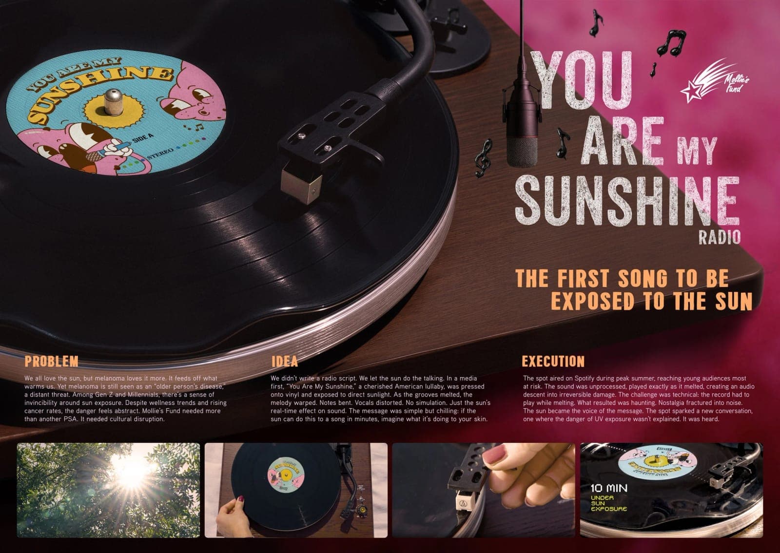You Are My Sunshine Radio board for Mollie’s Fund: a sun-warped record on a turntable, the line The first song to be exposed to the sun, the problem, idea and execution, and four stills of the record melting in the sun